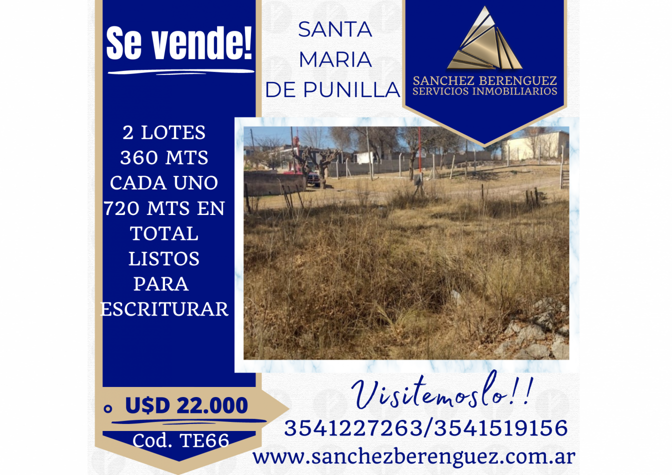 HERMOSOS LOTES CONTIGUOS CON VISTAS A LAS SIERRAS EN SANTA MARIA DE PUNILLA. TE66