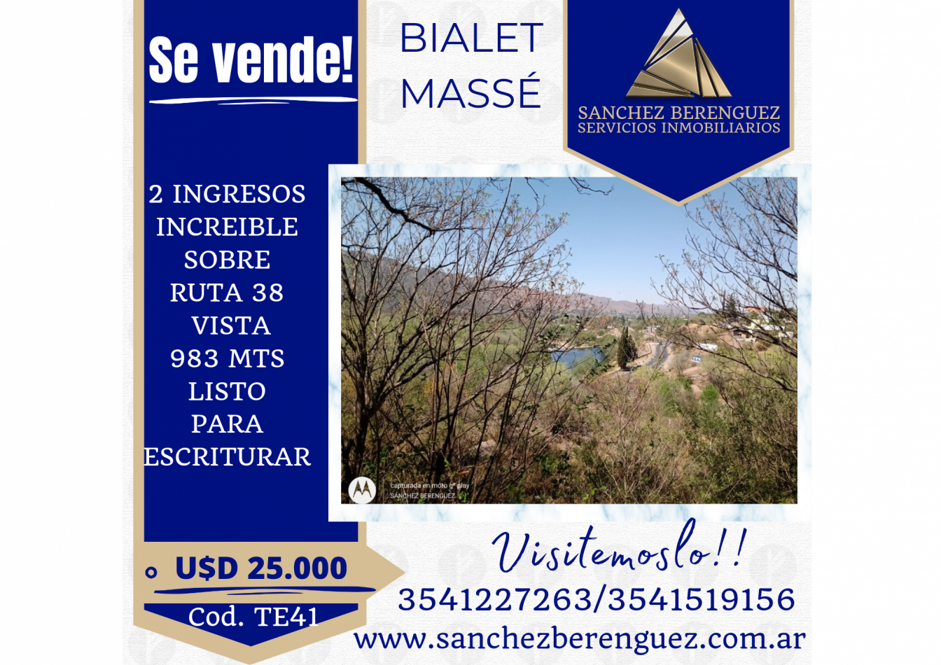 ESPECTACULAR TERRENO CON IMPORTANTE UBICACION EN BIALET MASSE SOBRE RUTA 38. TE41