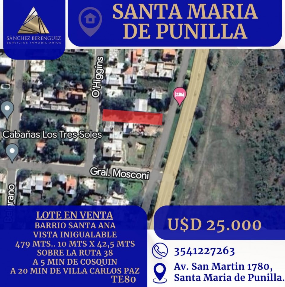 VENTA DE PRECIOSO TERRENO DE CASI 500mts2 EN SANTA MARIA DE PUNILLA. TE80