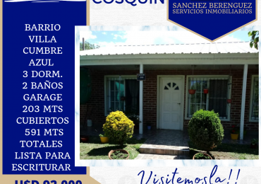PRECIOSA CASA UBICADA EN VILLA CUMBRE AZUL, COSQUIN. CA96